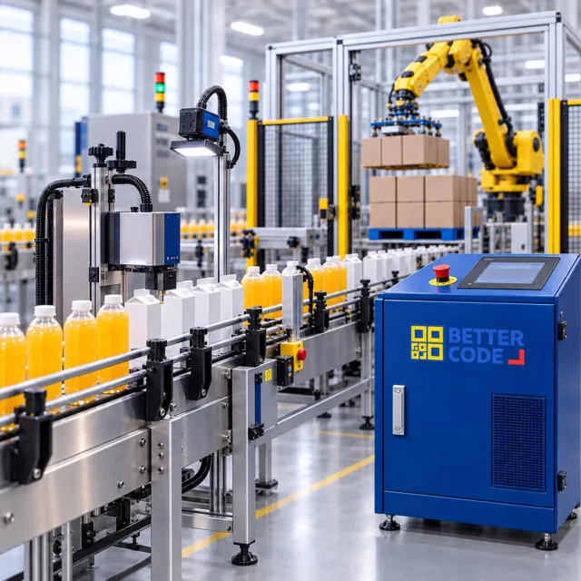 Better Code factory automation concept with conveyors, printers, inspection and palletising