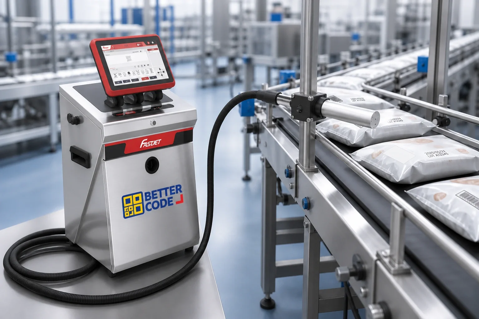FASTJET F650 industrial inkjet printer with Better Code branding on a production line