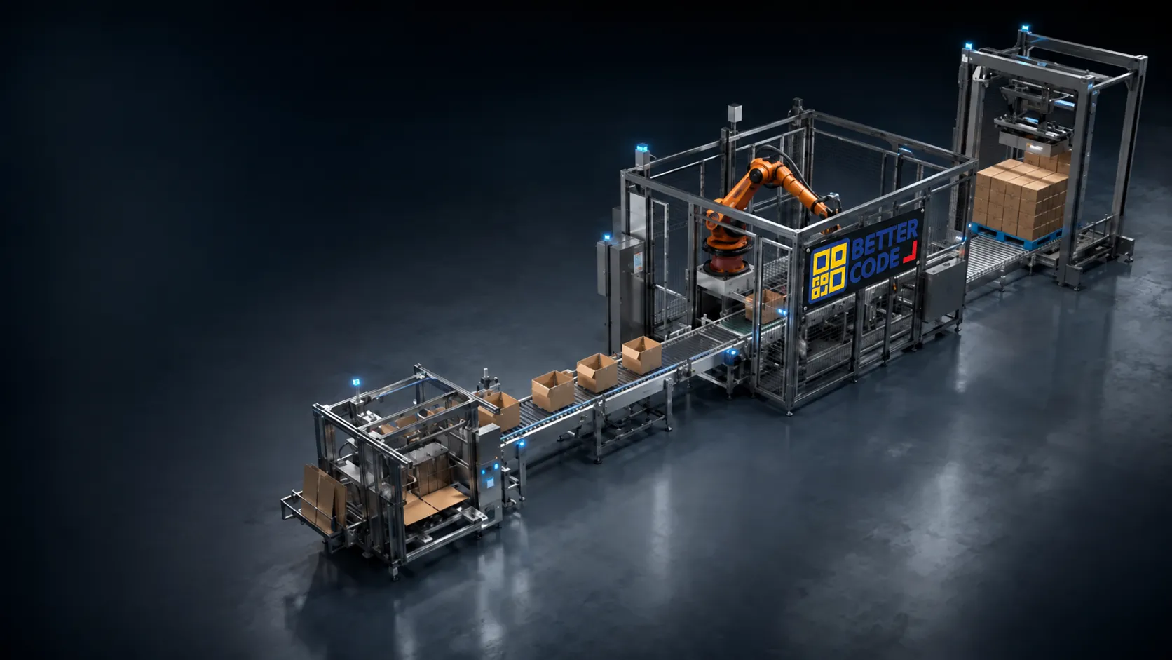 Concept illustration of an automated line connecting conveyors, a robot arm and a palletizing station