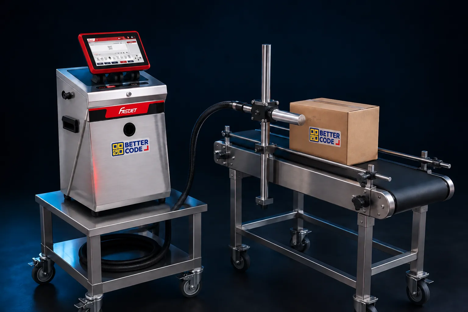 Concept illustration of a mobile-stand inkjet date printer with a printhead mounted beside a conveyor