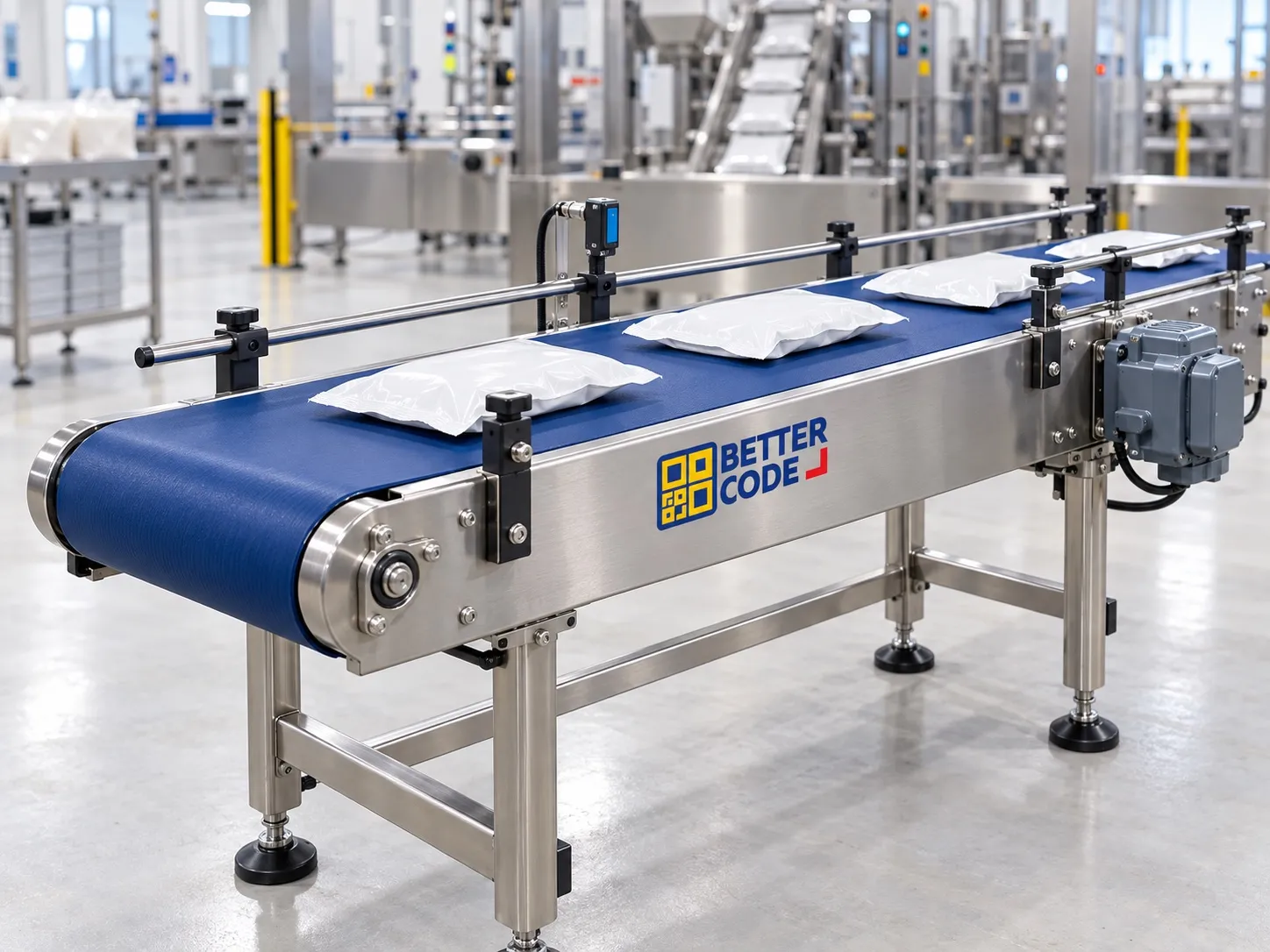 ภาพจำลอง Belt Conveyor สำหรับลำเลียงสินค้าในโรงงาน พร้อมโลโก้ Better Code