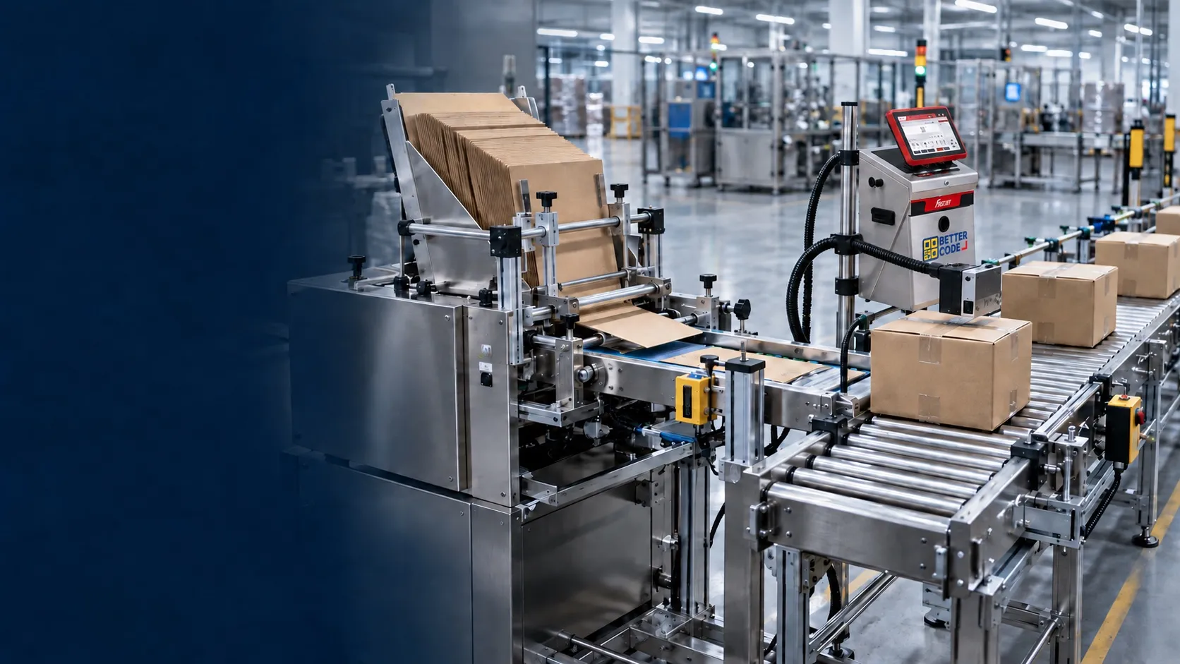 ภาพจำลองระบบ Feeder และ Roller Conveyor ร่วมกับเครื่องพิมพ์ FASTJET F650 พร้อมโลโก้ Better Code