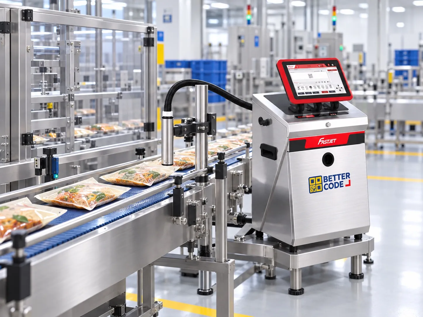 ภาพจำลองงานอาหาร ซองอาหารลำเลียงผ่าน Belt Conveyor และ FASTJET F650 พร้อมโลโก้ Better Code