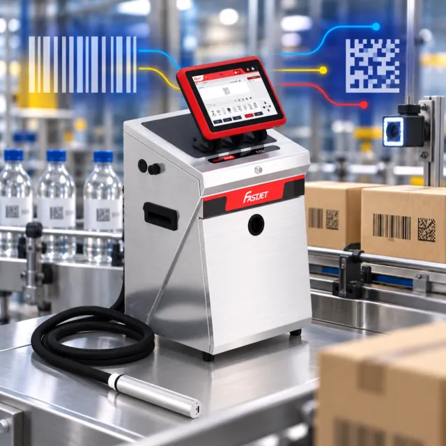Illustration of GS1 identification and a FASTJET F650 production-line printer