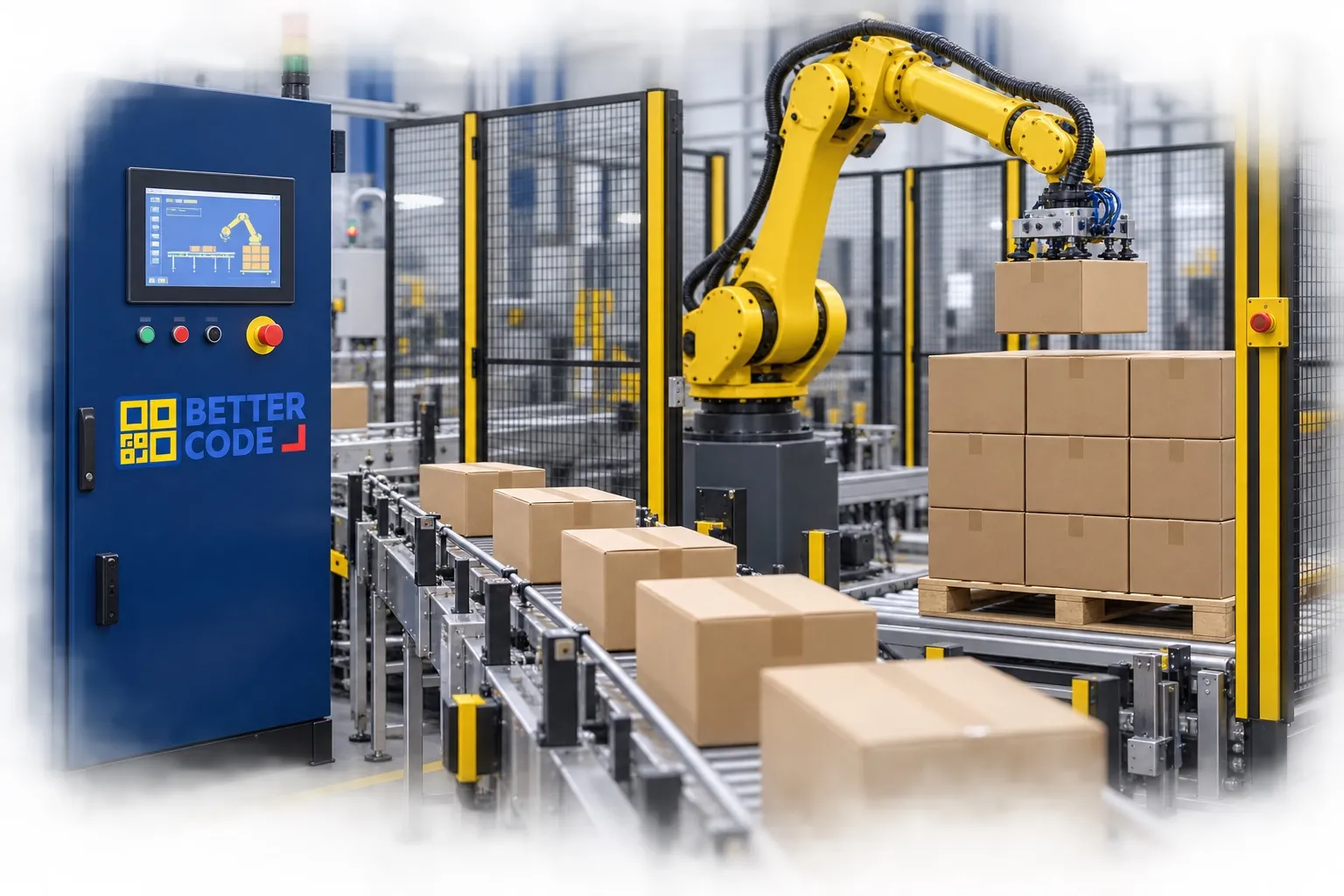 ภาพแนวคิด Robot Palletizer จัดเรียงกล่องลงพาเลท พร้อมโลโก้ Better Code