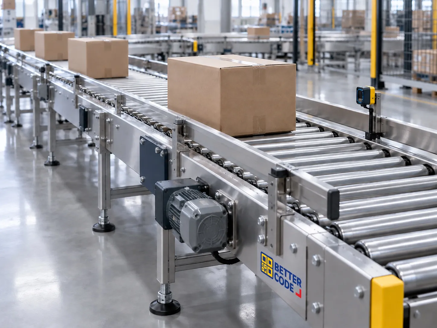 ภาพจำลอง Roller Conveyor สำหรับลำเลียงกล่องในโรงงาน พร้อมโลโก้ Better Code