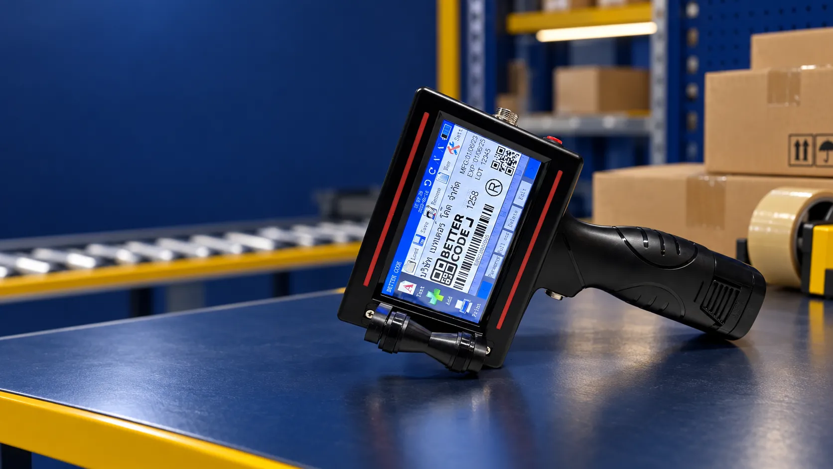 S510 handheld inkjet printer with touchscreen, illustrated in a warehouse application