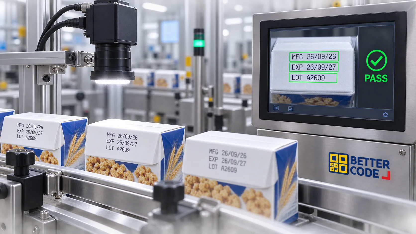 กล้อง Vision ตรวจวันผลิต วันหมดอายุ และเลขล็อตบนกล่องอาหารในสายการผลิต