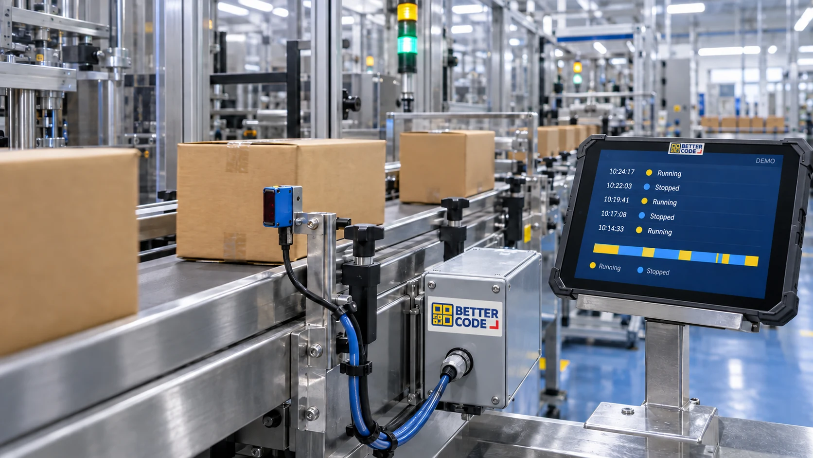 Concept of a carton-counting sensor and data acquisition equipment beside an existing conveyor
