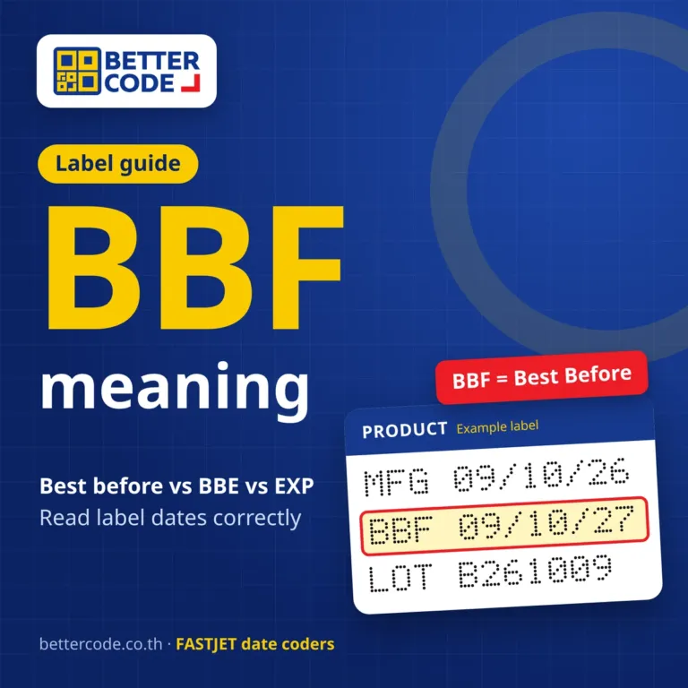 BBF meaning: best before versus BBE and EXP, with an example date code on a product label