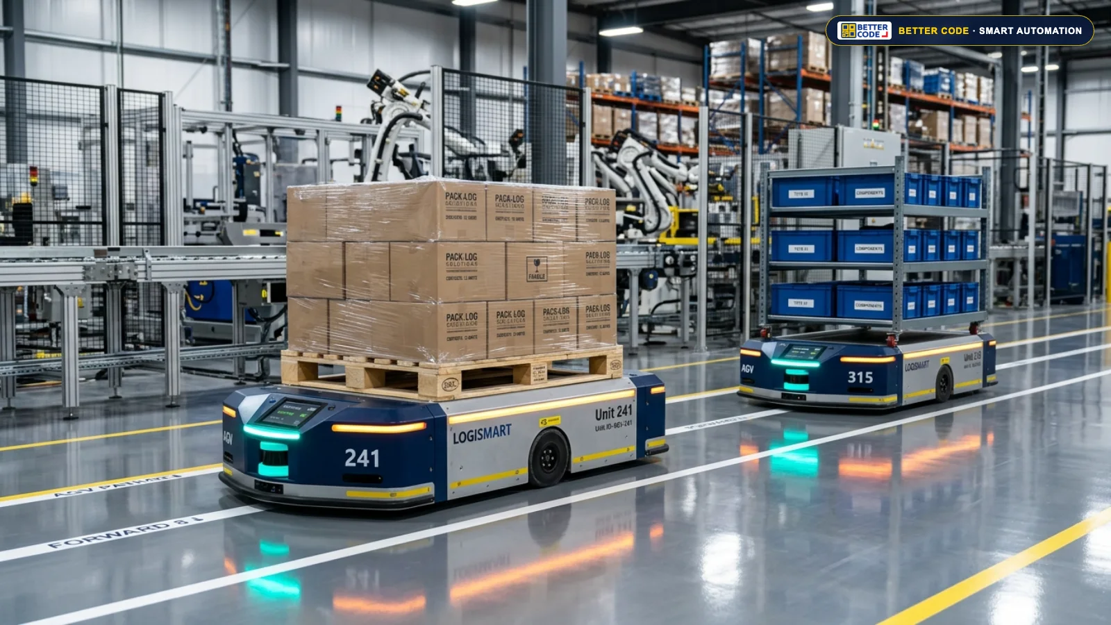 รถลำเลียงอัตโนมัติไร้คนขับ AGV AMR ขนย้ายพาเลทและชิ้นงานในโรงงานอัจฉริยะ โดย บริษัท เบทเตอร์ โค้ด จำกัด