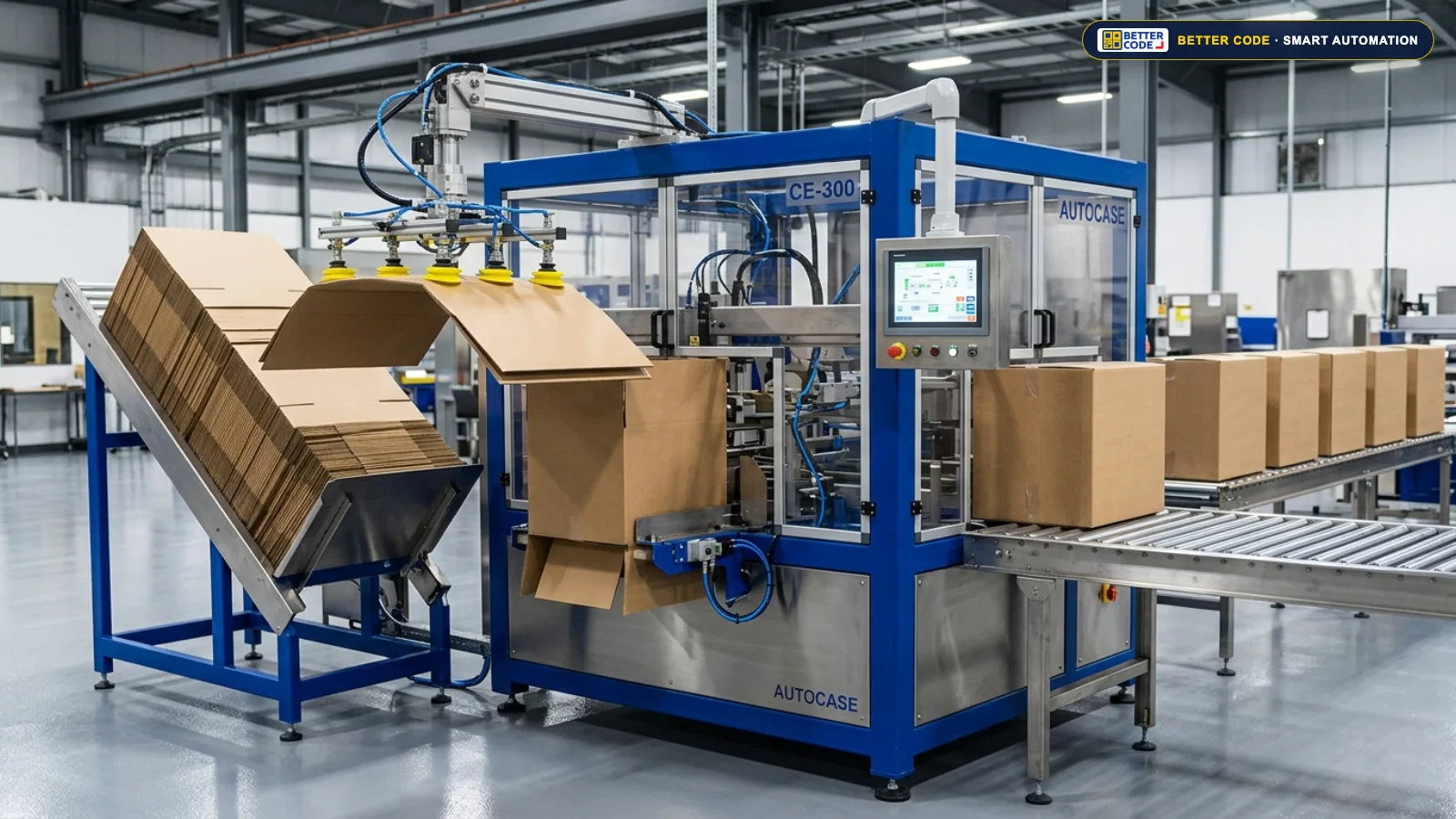 เครื่องขึ้นรูปกล่องลูกฟูกอัตโนมัติ Carton Erector และระบบสายพานลำเลียง โดย บริษัท เบทเตอร์ โค้ด จำกัด