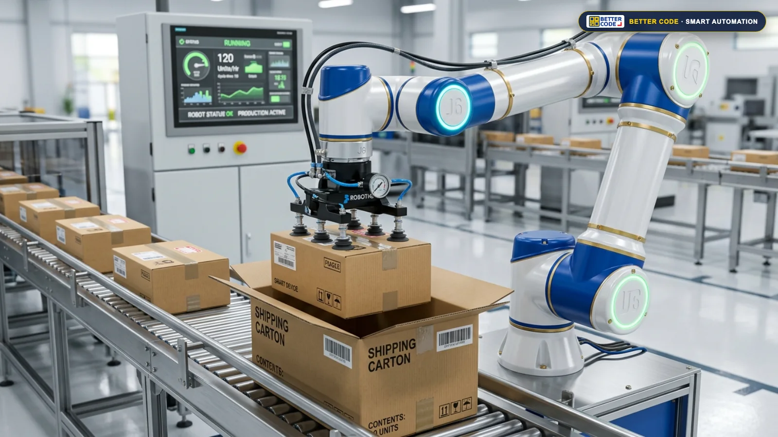 แขนกลร่วมปฏิบัติงานอัจฉริยะ Cobot หยิบสินค้าลงกล่องบนสายพานสแตนเลส โดย บริษัท เบทเตอร์ โค้ด จำกัด