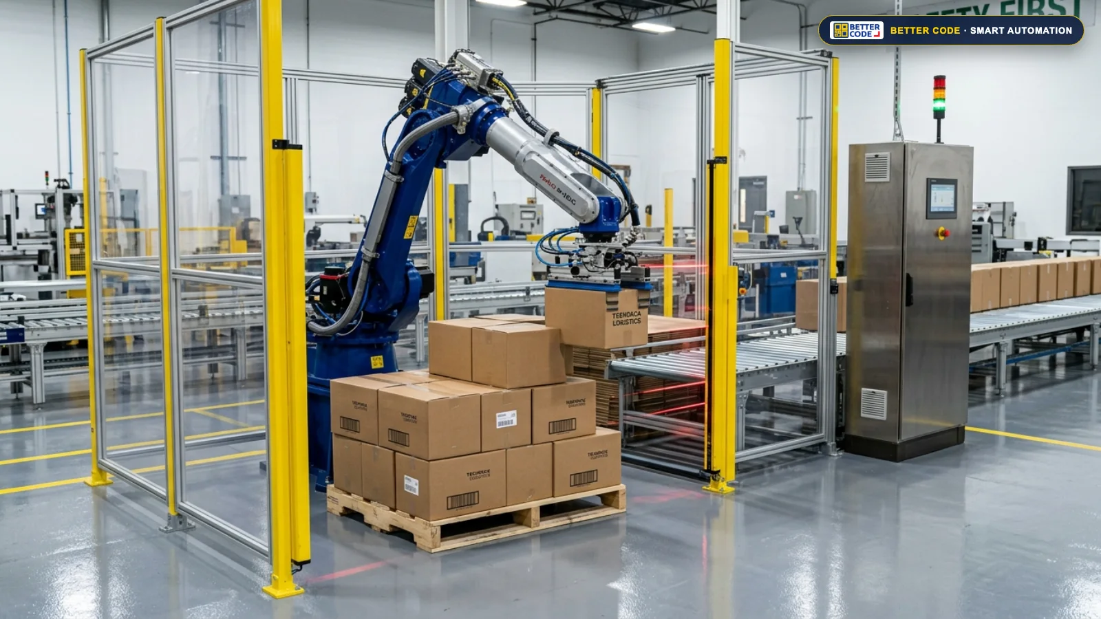 แขนกลอุตสาหกรรม Industrial Robot Palletizer จัดเรียงกล่องลูกฟูกขึ้นพาเลทอัตโนมัติ โดย บริษัท เบทเตอร์ โค้ด จำกัด