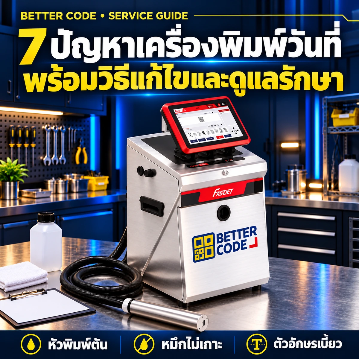 ภาพประกอบ FASTJET F650 พร้อมโลโก้ Better Code สำหรับคู่มือ 7 ปัญหาเครื่องพิมพ์วันที่และการดูแลรักษา