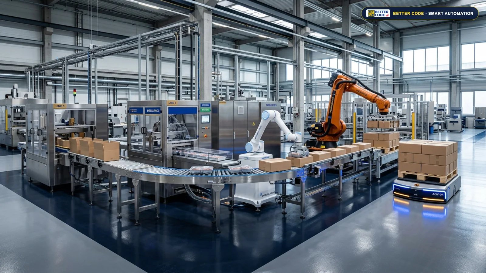 สายการผลิตอัตโนมัติครบวงจร Carton Erector, Top Seal, Cobot, Industrial Robot Palletizer และ AGV โดย บริษัท เบทเตอร์ โค้ด จำกัด