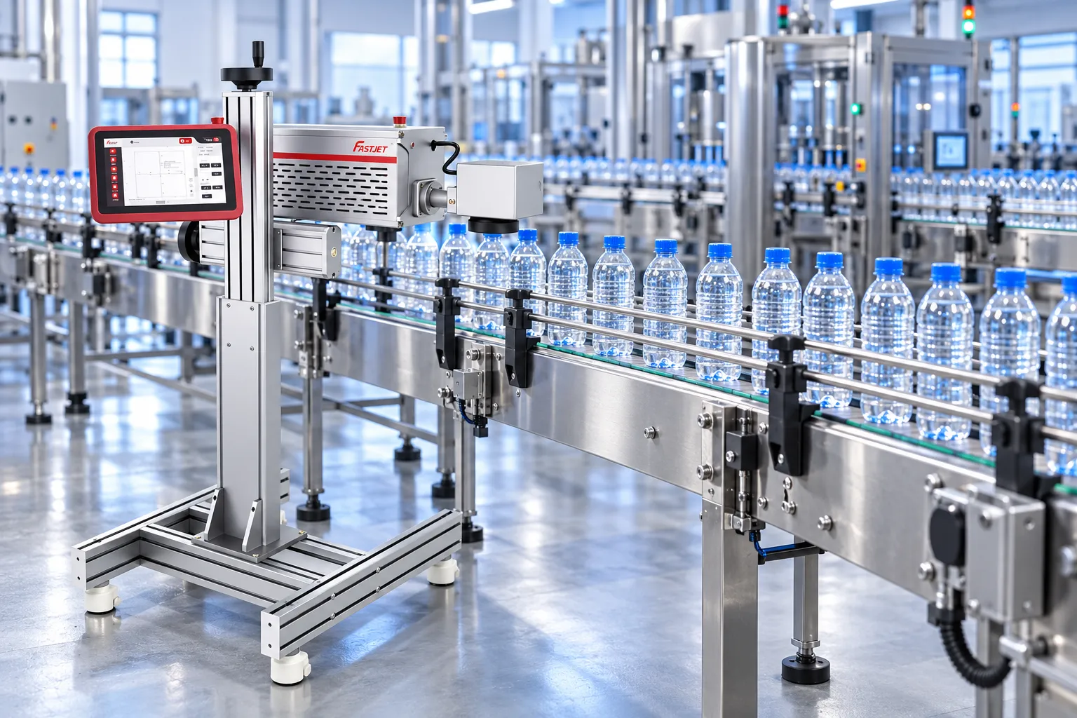 Illustration of a FASTJET CO2 laser beside a bottled-water production line