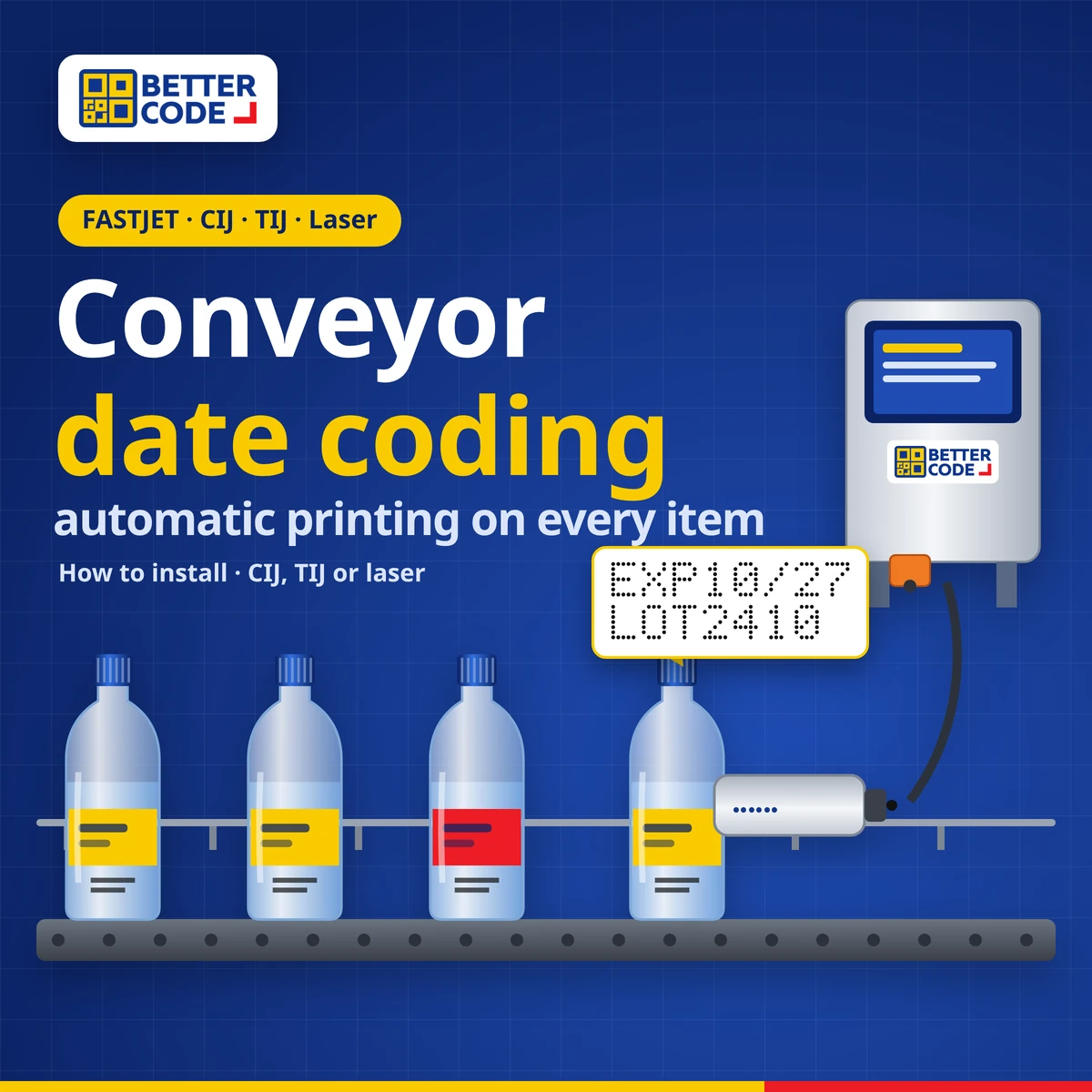 Conveyor CIJ date coder printing expiry date and lot code on bottles moving on a conveyor