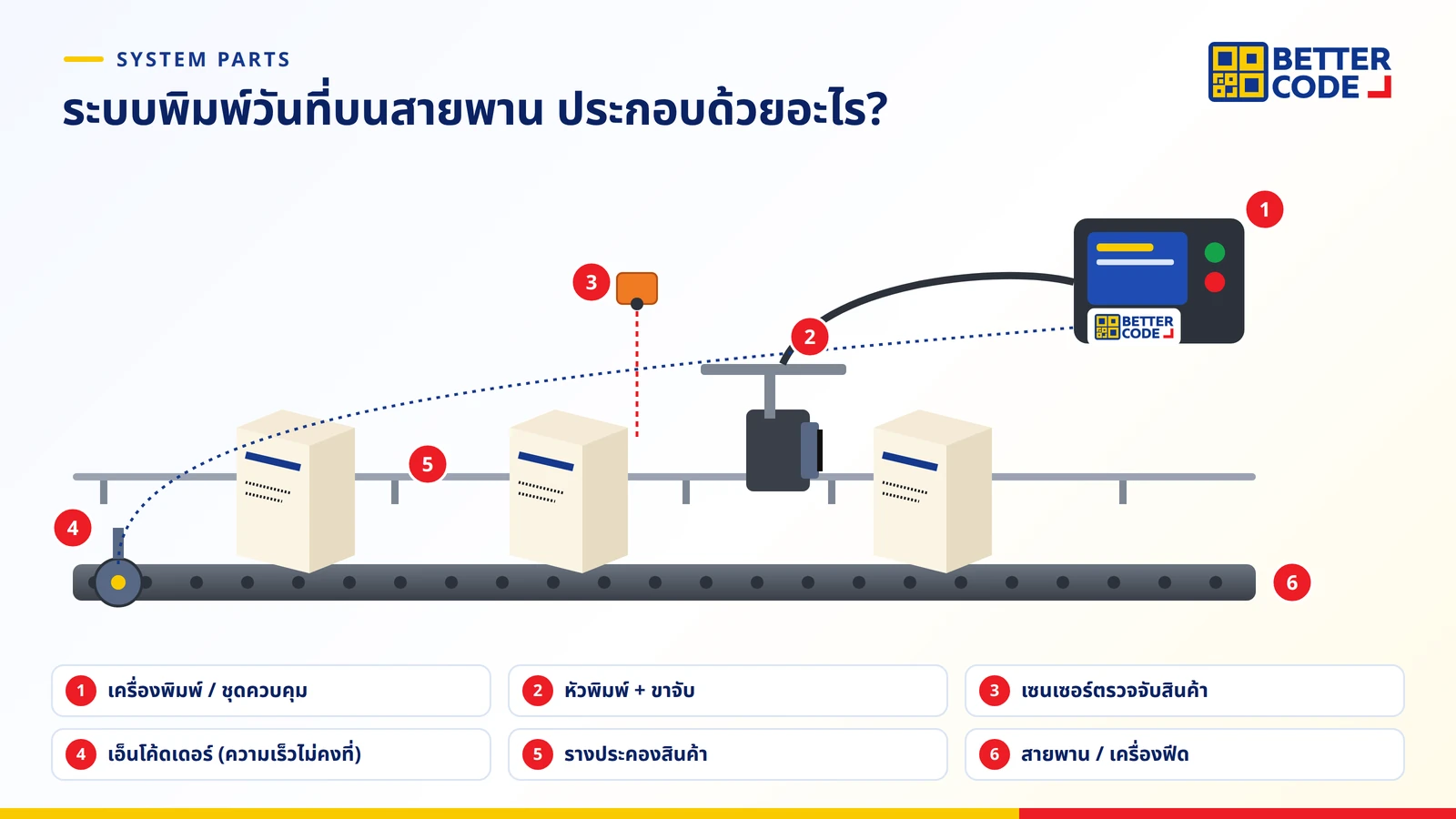 ส่วนประกอบเครื่องพิมพ์วันที่ติดสายพาน: เครื่องพิมพ์ หัวพิมพ์และขาจับ เซนเซอร์ตรวจจับสินค้า เอ็นโค้ดเดอร์ รางประคองสินค้า และสายพาน