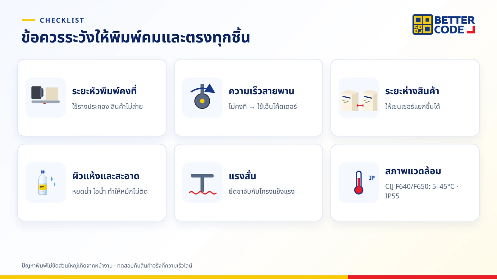 6 ข้อควรระวังเมื่อติดเครื่องพิมพ์วันที่บนสายพาน: ระยะหัวพิมพ์คงที่ ความเร็วสายพาน ระยะห่างสินค้า ผิวชิ้นงานแห้งสะอาด แรงสั่น และสภาพแวดล้อม