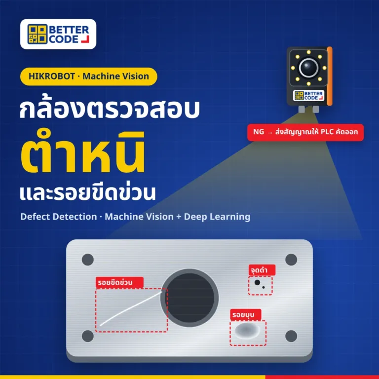 กล้องตรวจสอบตำหนิและรอยขีดข่วน: Smart Camera ติดโลโก้ Better Code ตรวจพบรอยขีดข่วน จุดดำ และรอยบุบบนชิ้นงานโลหะ แล้วส่งผล NG ให้ PLC