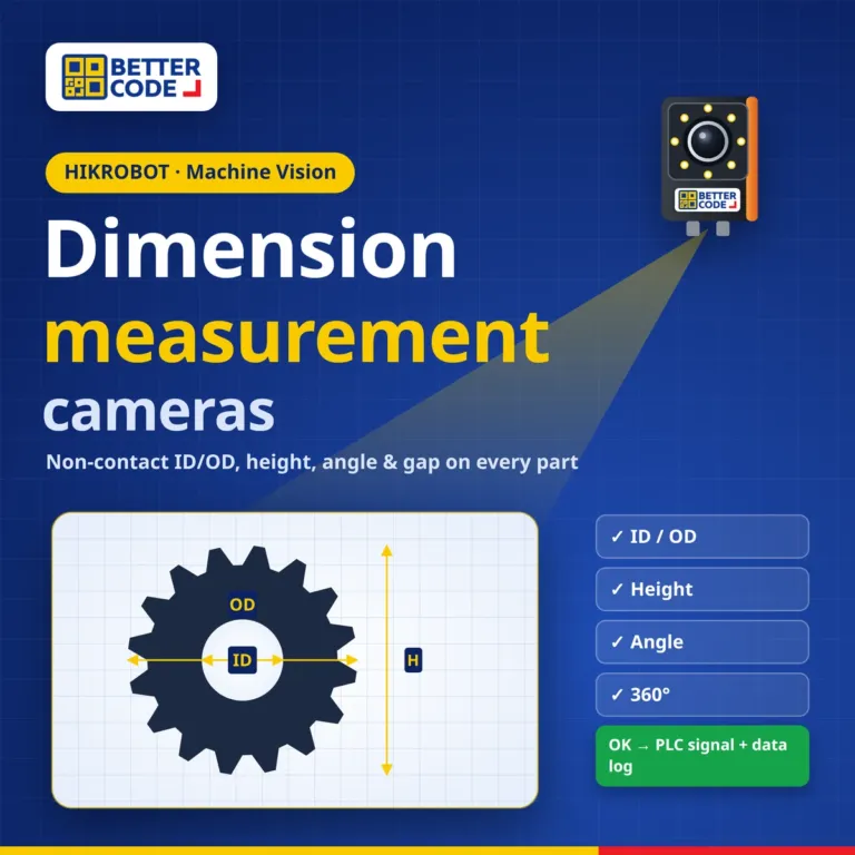 Dimension measurement camera: a smart camera with the Better Code logo measuring the OD, ID and height of a backlit gear with an OK result sent to the PLC