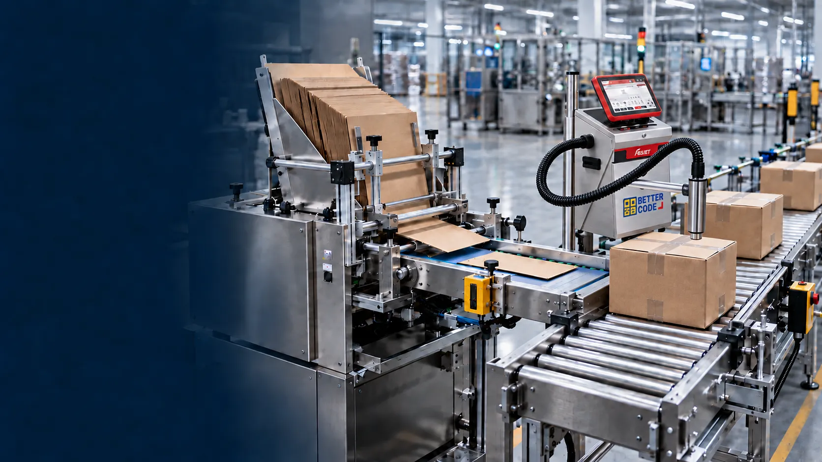 Concept illustration of a feeder and roller conveyor with a FASTJET F650, connected hose and cylindrical printhead mounted vertically at 90 degrees above a carton