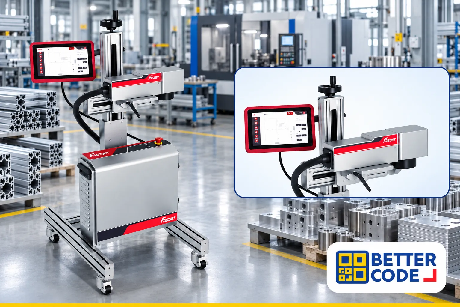 FASTJET F7100F fiber laser with enlarged marking head and controller views