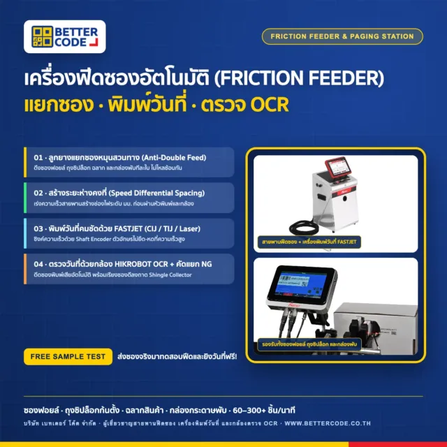 เครื่องฟีดซองอัตโนมัติ (Friction Feeder / Paging Machine) คืออะไร? วิธีเลือกสายพานแยกซองและฉลากความเร็วสูง คู่กับเครื่องพิมพ์วันที่และกล้องตรวจ OCR