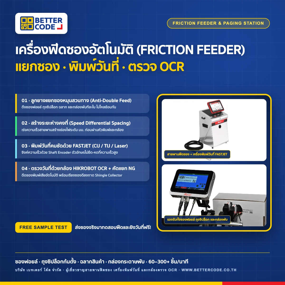 เครื่องฟีดซองอัตโนมัติ Friction Feeder Paging Machine คู่กับเครื่องพิมพ์วันที่และกล้องตรวจ OCR