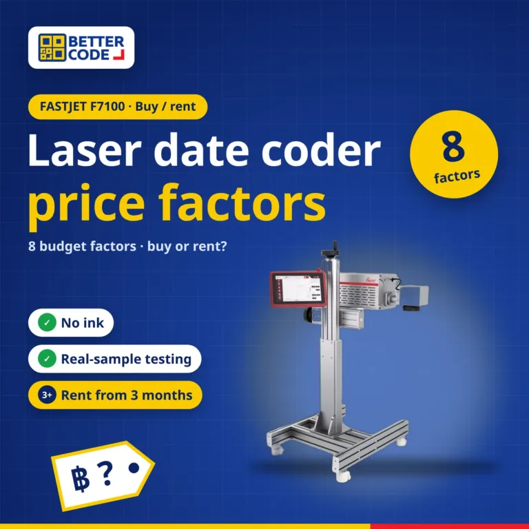 Laser date coder price factors: 8 budget factors, buy or rent, FASTJET F7100, by Better Code