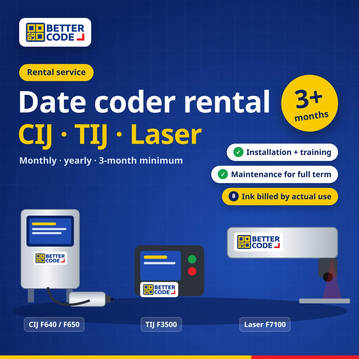 Date coder rental in Thailand: FASTJET CIJ, TIJ and laser coders on monthly or yearly terms, minimum 3 months, including installation, training and maintenance, by Better Code