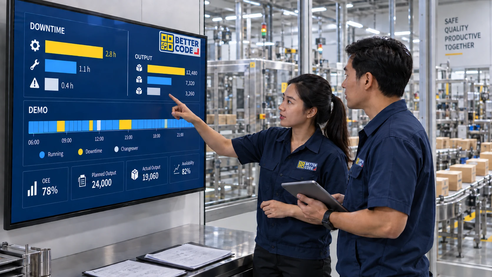 Concept of factory staff reviewing production output and downtime on a dashboard