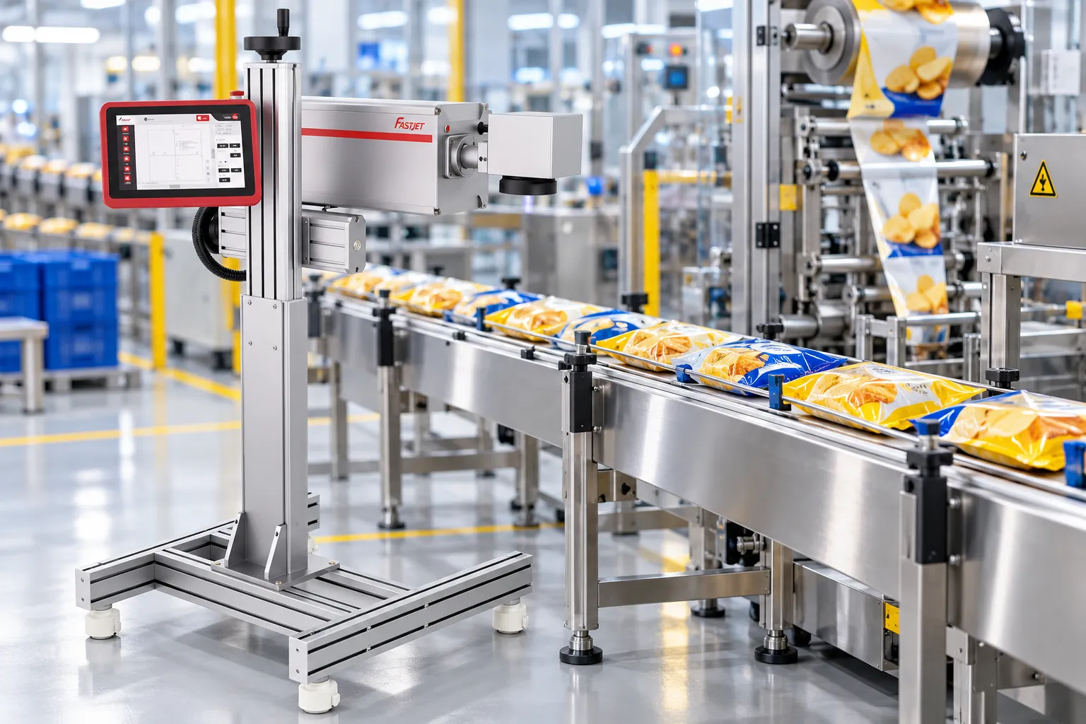 Illustration of a FASTJET UV laser in a snack-pouch production line